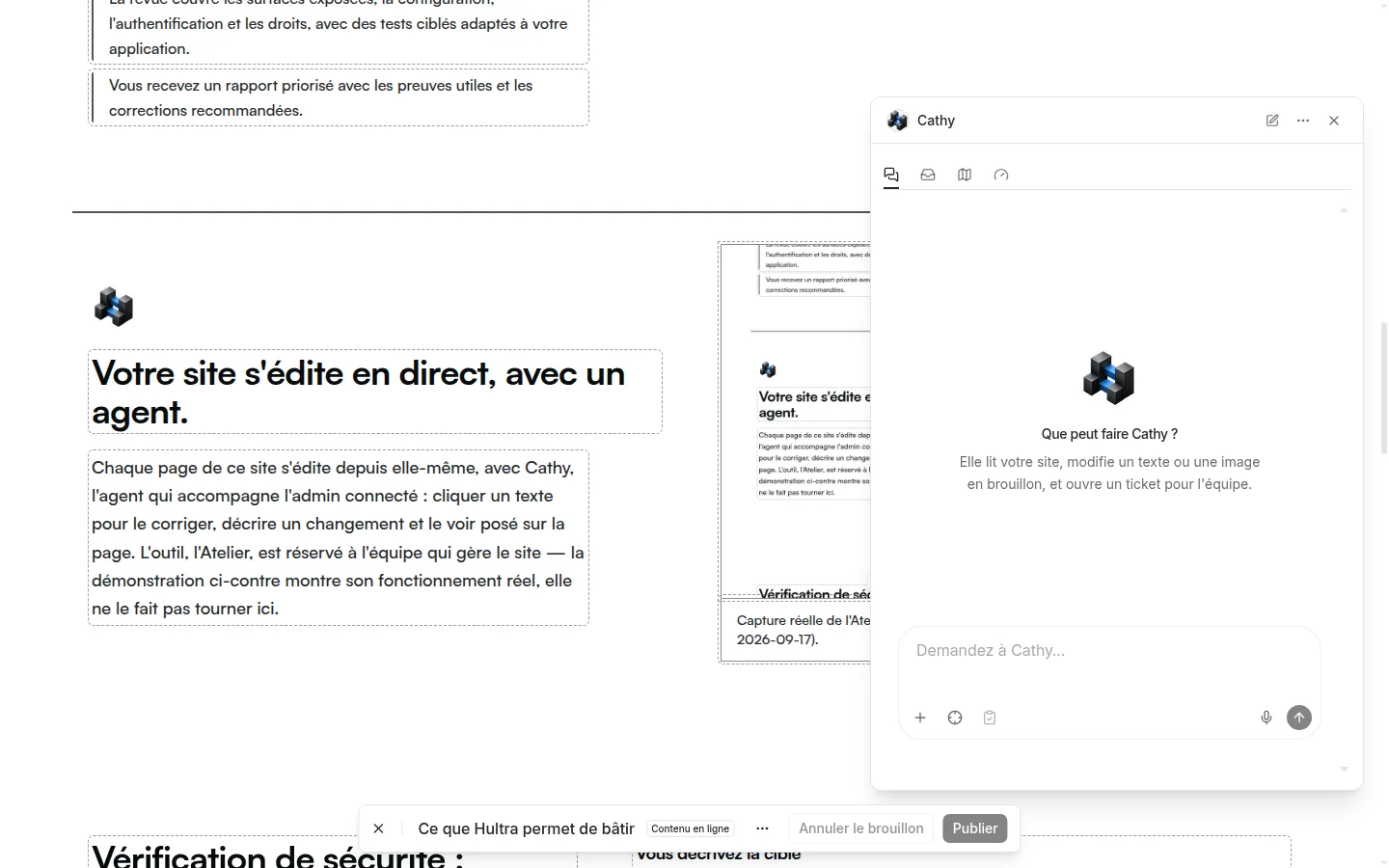 Cathy's panel and editable fields open on the /services page in the Atelier.
